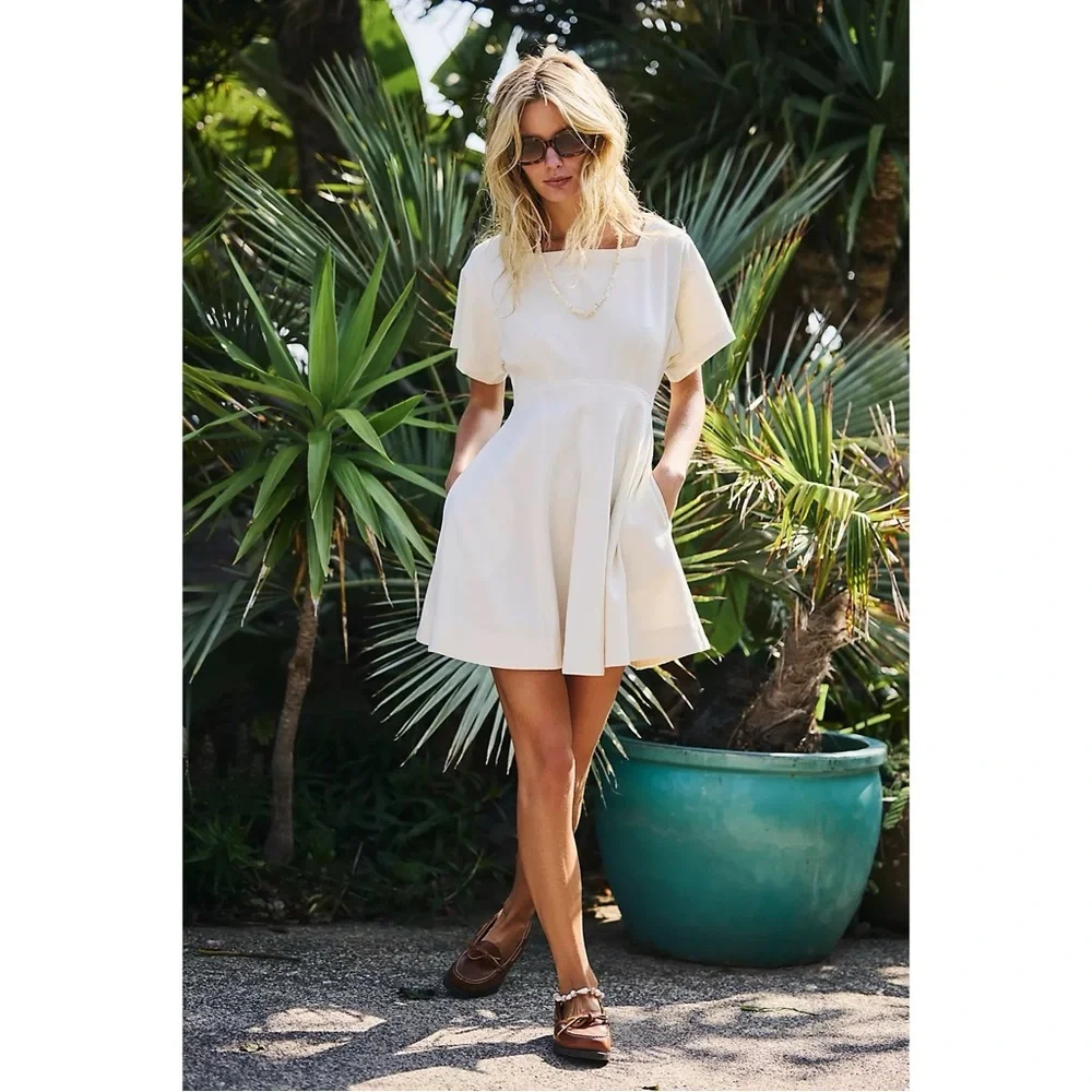 Free People Free-Est Breezy Chic Short Sleeve Mini Dress Wet Plaster Cream White - Picture 3 of 11
